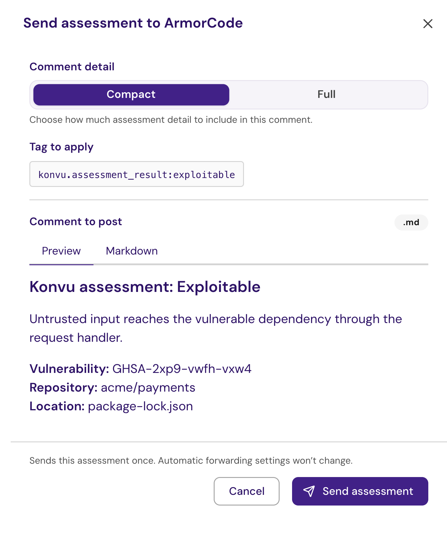 Single-assessment send drawer showing Compact and Full options, the assessment-result tag, a comment preview, and the Send assessment button