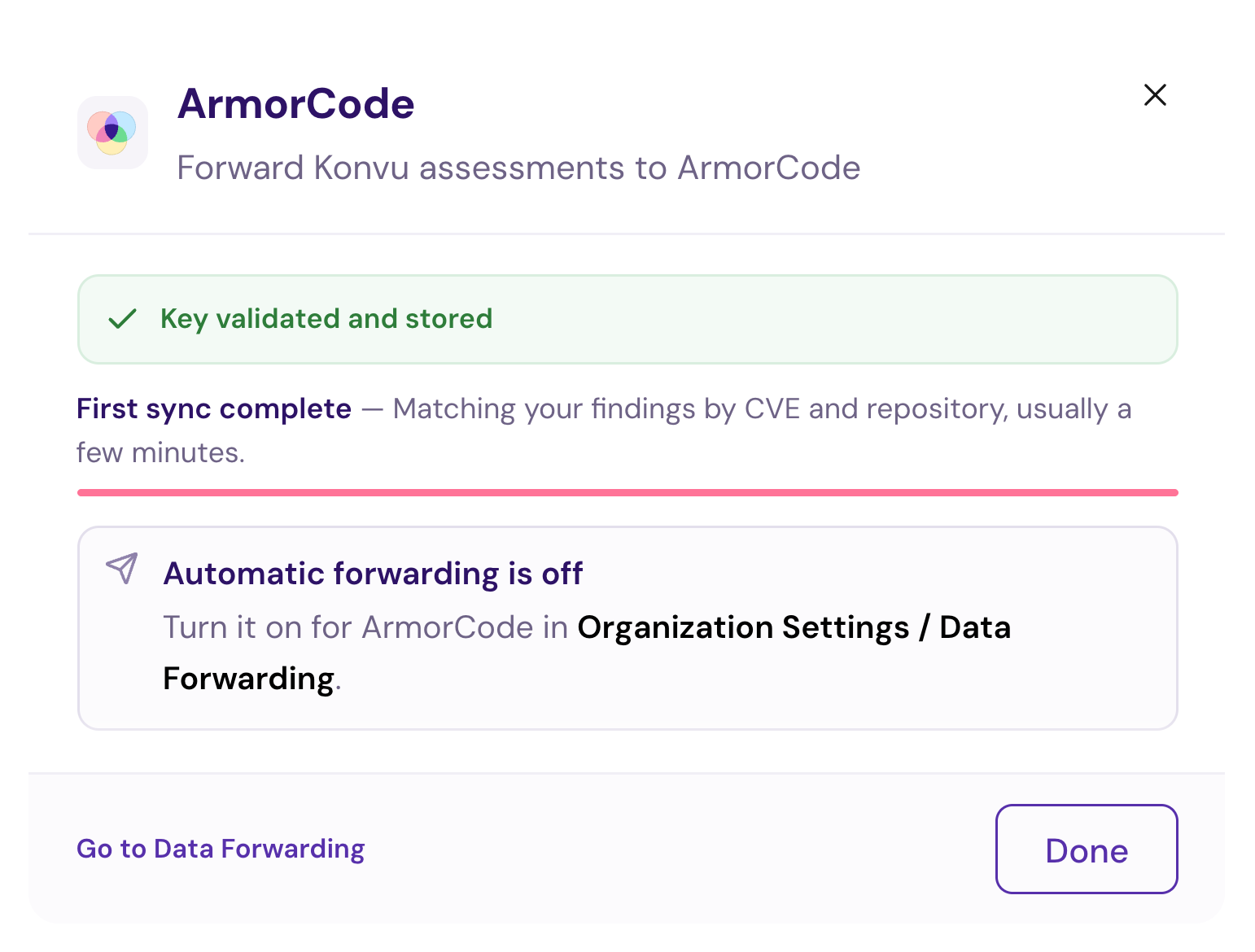 ArmorCode connection dialog showing the first sync complete and automatic assessment delivery switched off