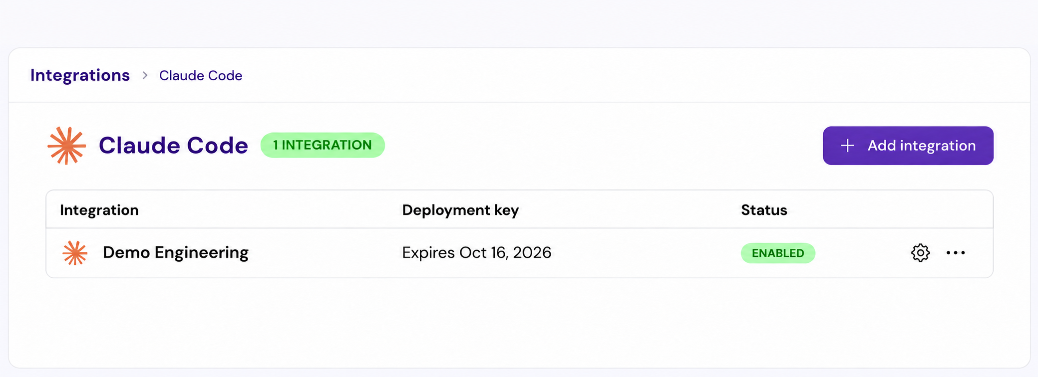 Claude Code integrations list with an enabled integration