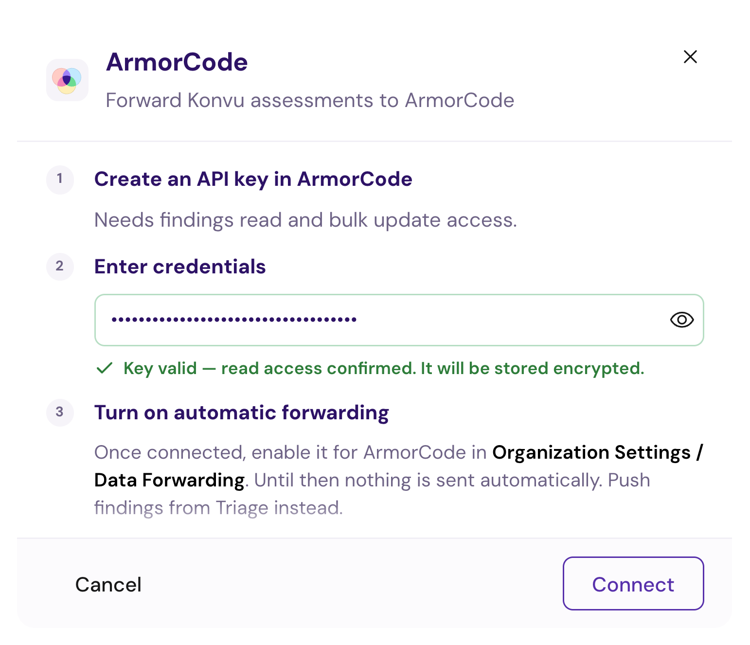 ArmorCode setup dialog with a masked, validated API key and instructions to enable forwarding after connecting