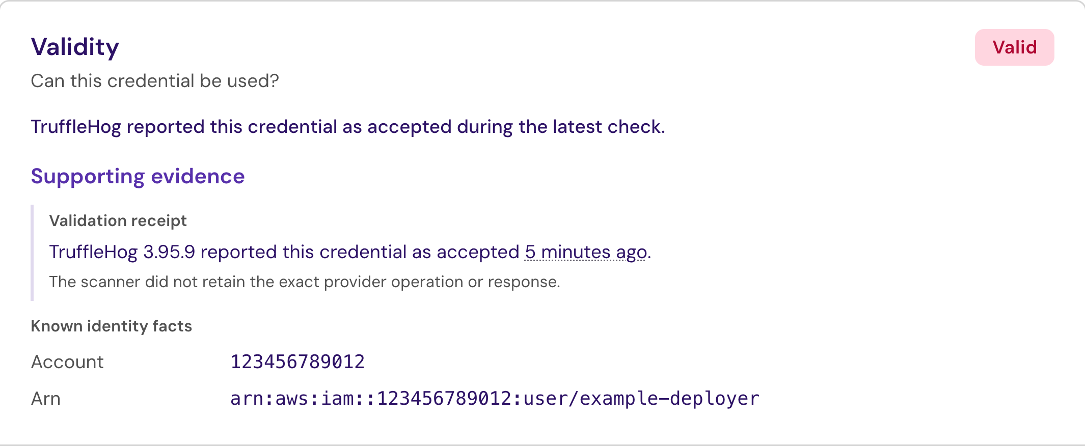Validity section showing a simulated accepted credential, a validation receipt, and a fictional AWS identity.