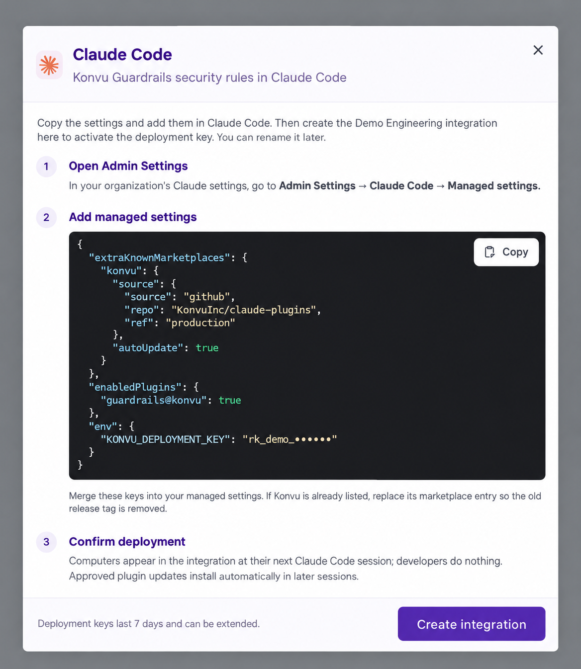 Claude Code setup dialog with managed settings and a sample deployment key