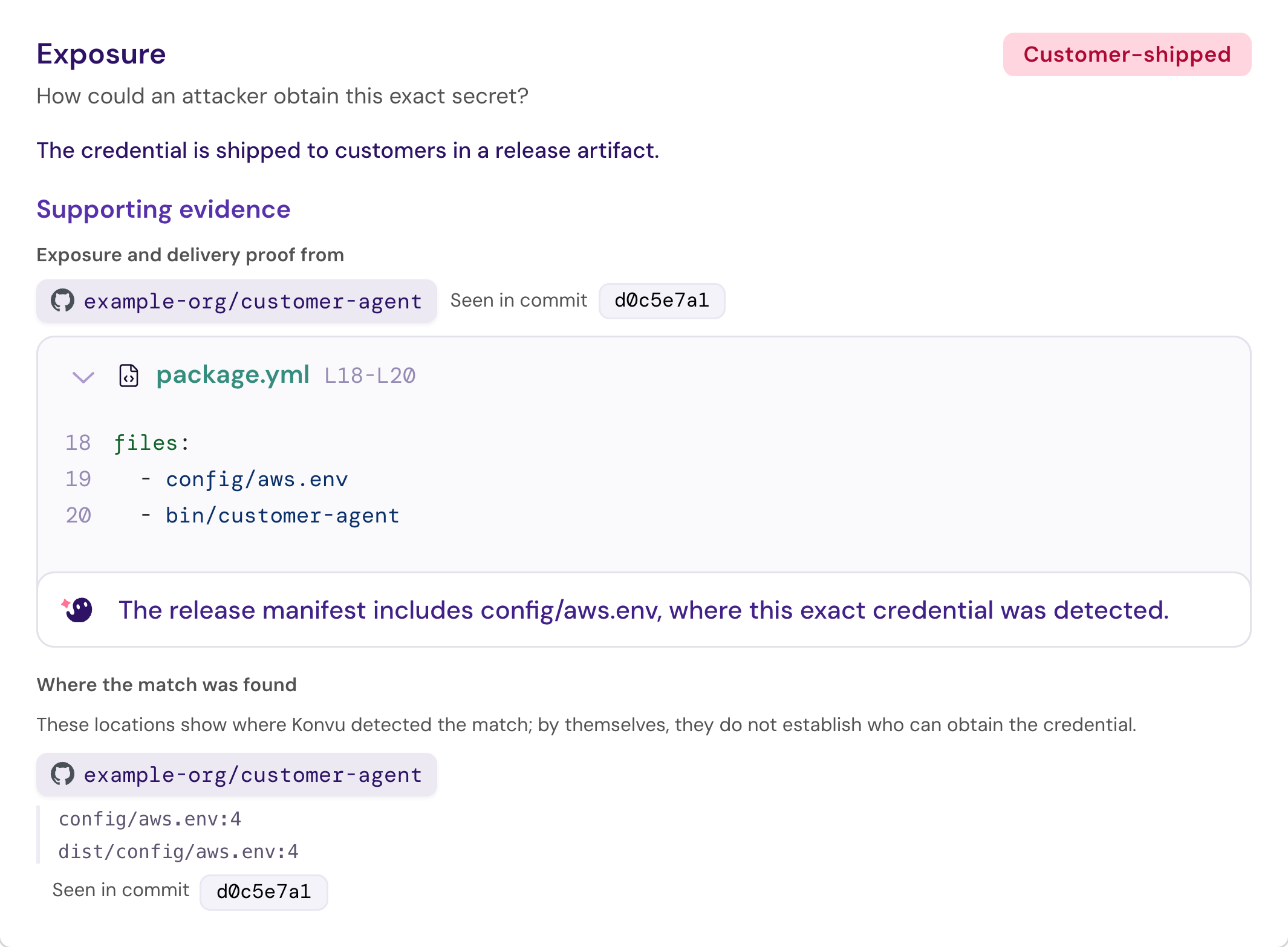 Exposure section showing a customer-shipped credential, release-manifest evidence, and two grouped file locations.